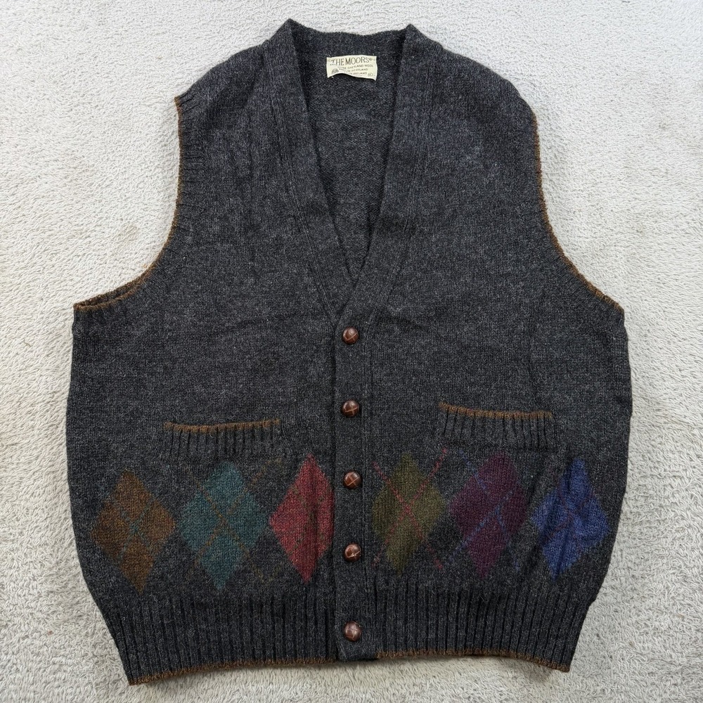 Vintage The Moors Lord Jeff Sweater Vest Mens XL Grey 100% Shetland Wool Argyle